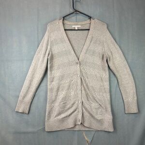 Banana Republic Women's Large Button-Up Cardigan Sweater Beige Stripped V Neck M